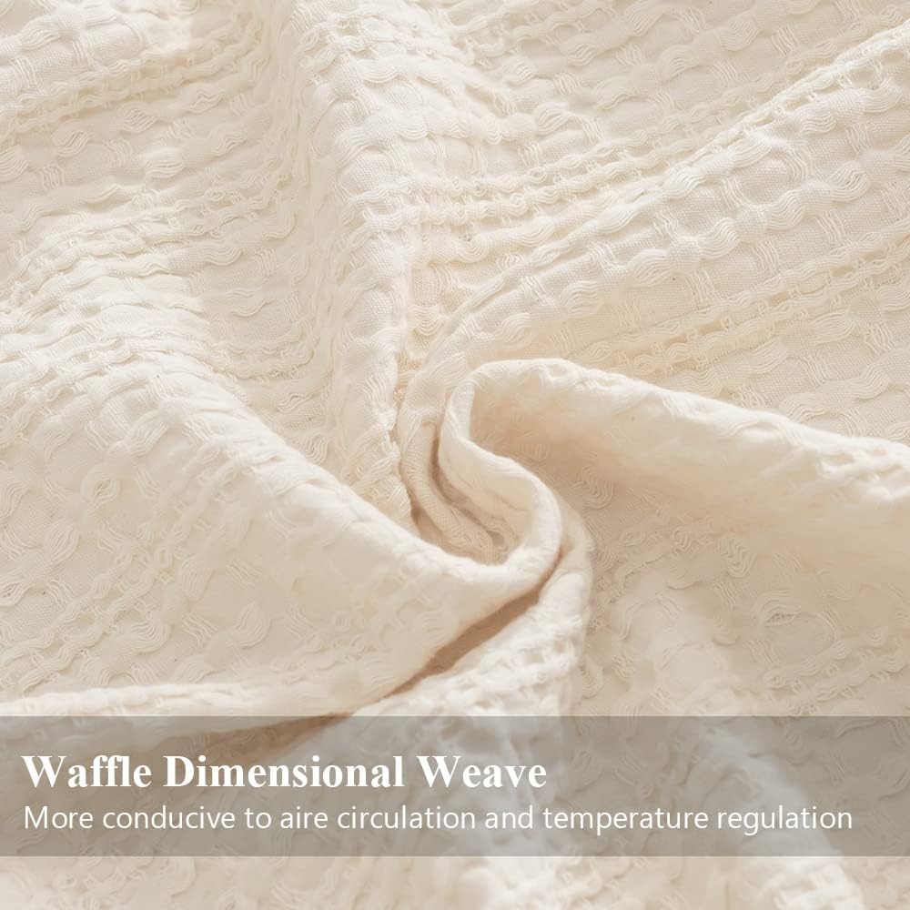 100% Cotton Throw Blanket for Couch, Bed, Waffle Weave Cable Knit Blanket with Tassels, Soft Lightweight Pre-Washed Breathable Cozy Blanket Farmhouse Decoration for All-Season (White) - Image 2
