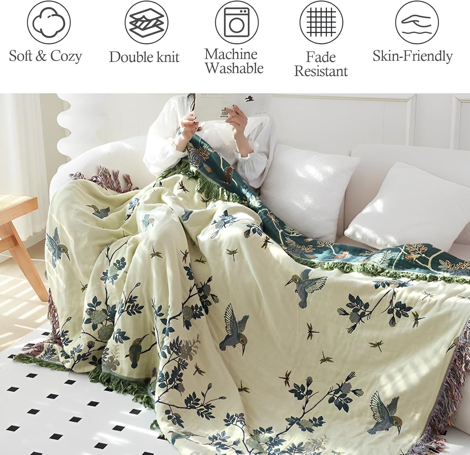 Boho Throw Blanket for Bed - 100% Cotton Ultra Soft Rustic Quilt Blanket Green Floral Bird Printed Farmhouse Decor Bed Blankets, 60"×80" All Season Rustic Throw for Sofa Chair Couch - Image 2