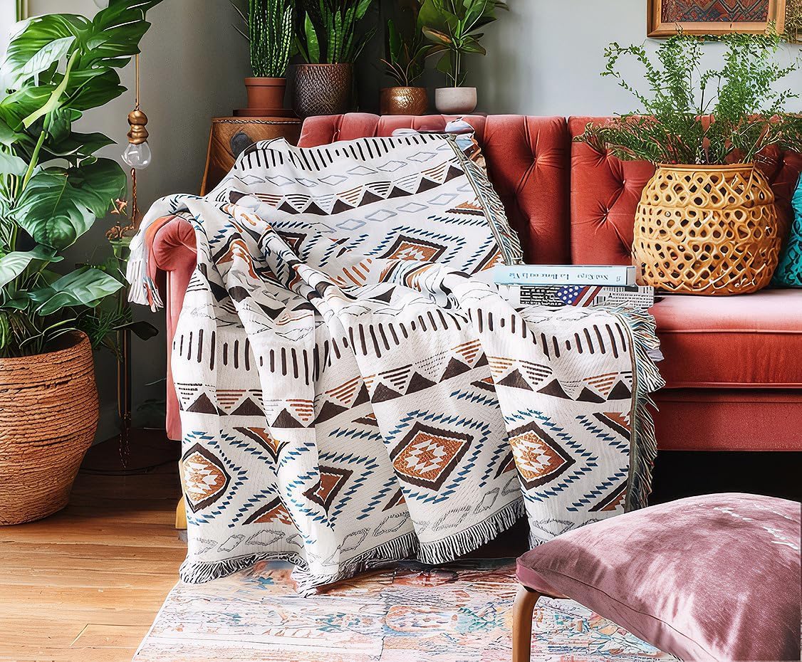 Boho Throw Blankets Knit Bed Blankets with Tassel Aztec Western Throws Cover Farmhouse Decor for All Season Sofa Couch Chair Outdoor Camping Picnic Tent Beach Car Traveling 63"x87"